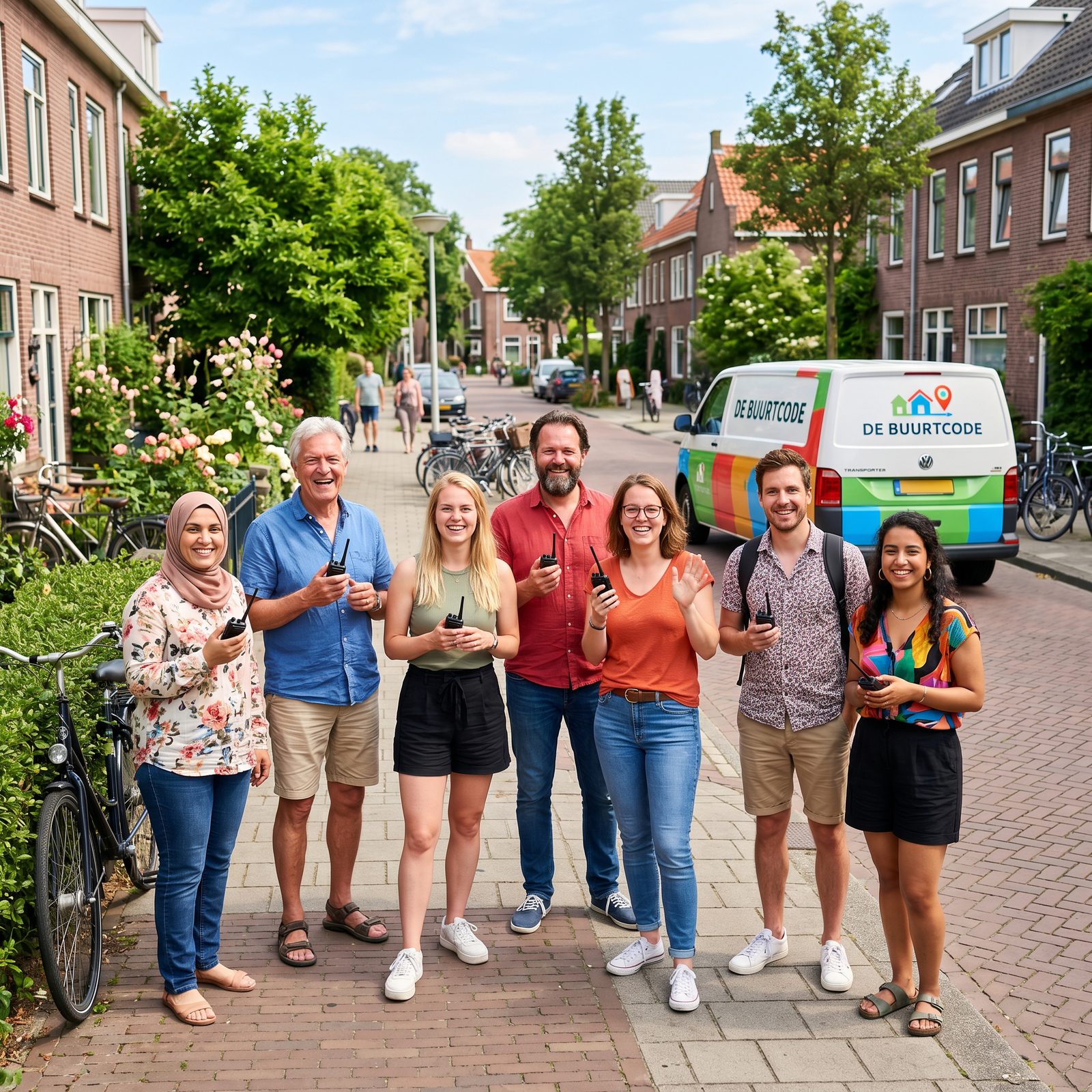 Buurtbewoners met walkietalkies op straat