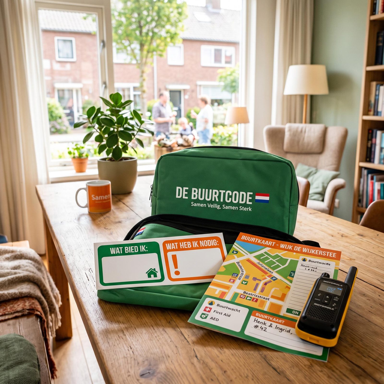 Het groene Buurtcode-pakket op een keukentafel